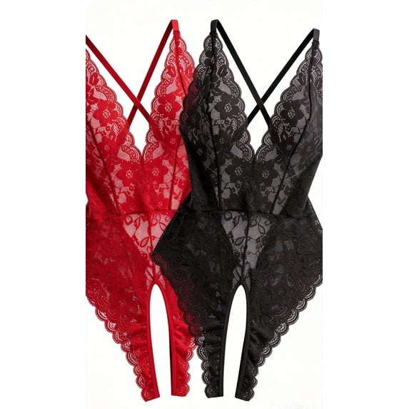 QYLUX Sexy Lingerie for Women Deep V Teddy Sheer Lace Bodysuit One Piece Babydoll,Pack of 2