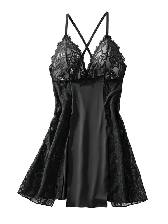 Women's Lingerie Sexy V-Neck Sheer Lace Nightwear with Side Slits Nightgown,Black,L
