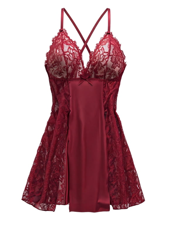 Women's Lingerie Sexy V-Neck Sheer Lace Nightwear with Side Slits Nightgown,Wine Red,L