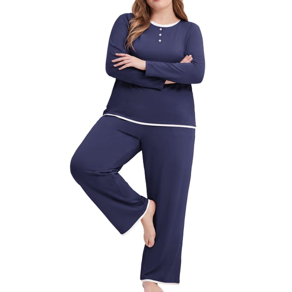 QYLUX Women's Plus Size Pajama Set 2 Piece Long Sleeve Henley Sleepwear Soft Stretch Lounge Set Loose Fit Wide Leg Pants,Navy,3XL