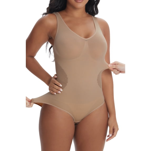 QYLUX Women's Seamless Shapewear Bodysuit,Wide Strap Tummy Control V-Neck Body Shaper,Khaki,L