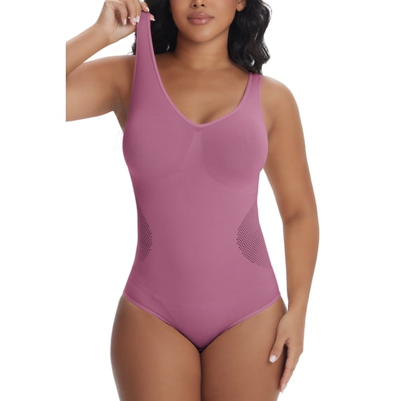 QYLUX Women's Seamless Shapewear Bodysuit,Wide Strap Tummy Control V-Neck Body Shaper,Pink,S
