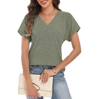 QYLUX Women's V Neck Short Sleeve Ribbed Knit Tops Casual Loose Fit Blouses for Spring Summer 2026