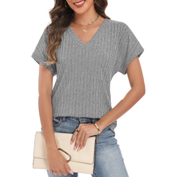 QYLUX Women's V Neck Short Sleeve Ribbed Knit Tops Casual Loose Fit Blouses for Spring Summer 2026