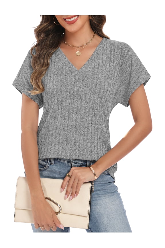 Women's V Neck Short Sleeve Ribbed Knit Tops Casual Loose Fit Blouses for Spring Summer 2026