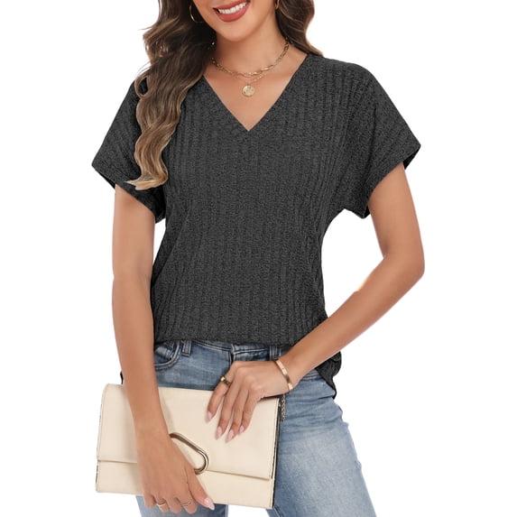 QYLUX Women's V Neck Short Sleeve Ribbed Knit Tops Casual Loose Fit Blouses for Spring Summer 2026