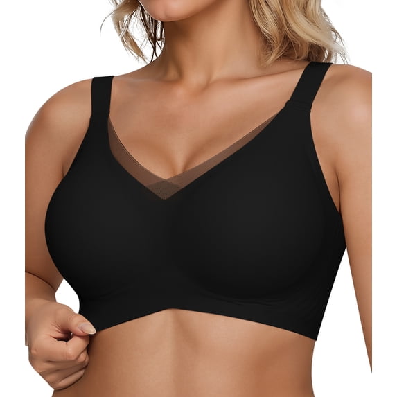 QYLUX Womens Wireless Bras V Mesh Comfortable Bralette Supportive Tshirt Bra No Underwire Seamless Push Up Everyday Bras,Black,S