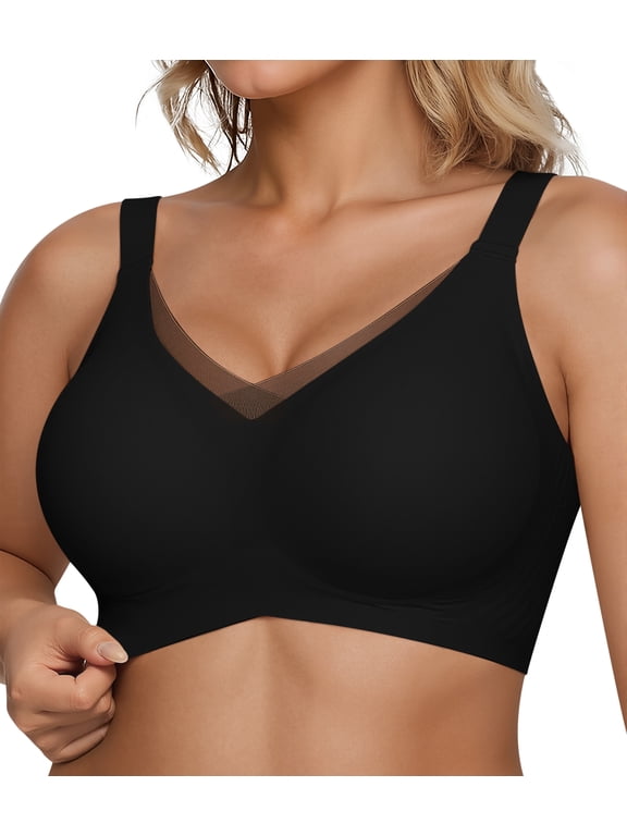 Women's Wireless Jelly Bra, Full Coverage Supportive V Mesh Bralette, Seamless T-Shirt Bra for Everyday Wear, W-Shaped Support, Wide Straps, No Underwire