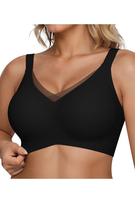 Womens Wireless Bras V Mesh Comfortable Bralette Supportive Tshirt Bra No Underwire Seamless Push Up Everyday Bras,Black,M