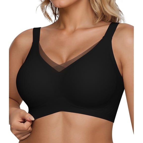 QYLUX Womens Wireless Bras V Mesh Comfortable Bralette Supportive Tshirt Bra No Underwire Seamless Push Up Everyday Bras,Black,XL
