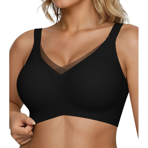 QYLUX Wireless Bras for Women - V Mesh Comfortable Bralette No Underwire Seamless Push Up Everyday Bras Supportive Tshirt Bra,Black,XL
