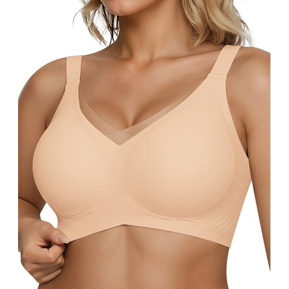 QYLUX Wireless Bras for Women - V Mesh Comfortable Bralette No Underwire Seamless Push Up Everyday Bras Supportive Tshirt Bra,Nude,3XL
