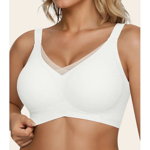 QYLUX Wireless Bras for Women - V Mesh Comfortable Bralette No Underwire Seamless Push Up Everyday Bras Supportive Tshirt Bra,White,3XL