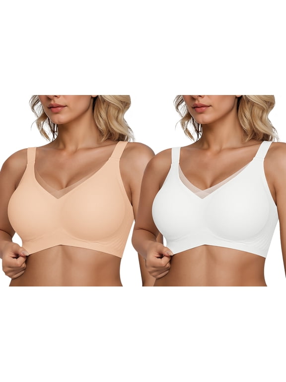 Women's Wireless Jelly Bra, Full Coverage Supportive V Mesh Bralette, Seamless T-Shirt Bra for Everyday Wear, W-Shaped Support, Wide Straps, No Underwire Pack of 2