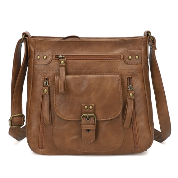 QYMHOODS Leather Crossbody Bag with Adjustable Strap Multi-Pockets Shoulder bag for Everyday Use,Brown