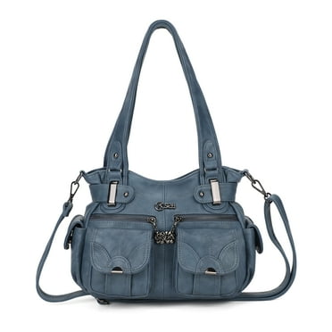 QYMHOODS Women's Brown PU Leather Shoulder Bag, Multi-Pocket Hobo Satchel Purse with Adjustable Crossbody Strap,Blue