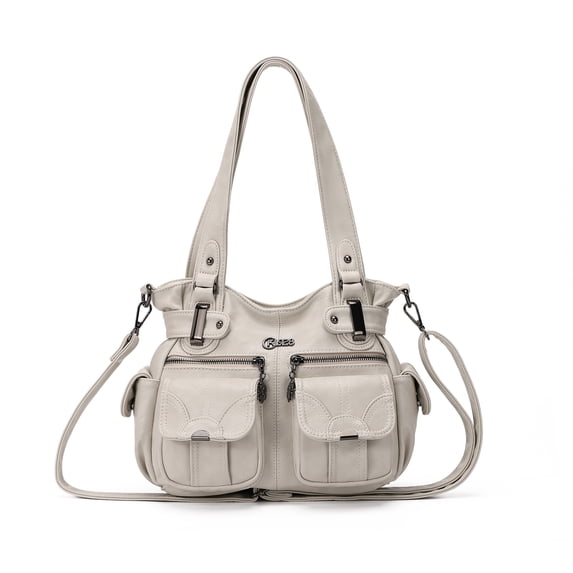 QYMHOODS Women's Brown PU Leather Shoulder Bag, Multi-Pocket Hobo Satchel Purse with Adjustable Crossbody Strap,Light Grey