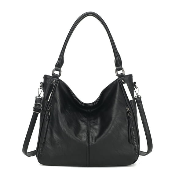 QYMHOODS Women's Multi-Pocket Hobo Shoulder Bag, PU Leather Tote Purse with Adjustable Crossbody Strap, Black