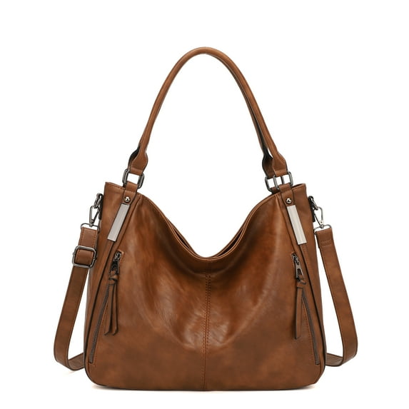 QYMHOODS Women's Multi-Pocket Hobo Shoulder Bag, PU Leather Tote Purse with Adjustable Crossbody Strap, Brown