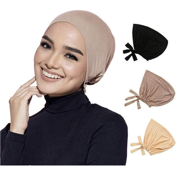 QYMY 3PCS Under Hijab Head Cap Muslim Under Scarf Hijab Solid Color Women Under Scarf Hat Stretchy Sleeping Cap