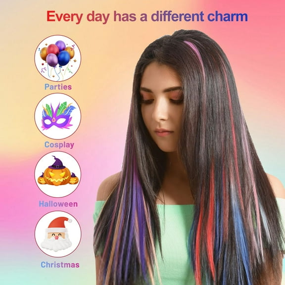 FGERFE-Colorful Hair Extensions 10 PCS, Colored Clip in Synthetic Hair Extensions Party Highlights, Rainbow Fake Hair Clips Hairpieces for Christmas Girls Women Kids Gift Hair Pieces Party (22 Inch)