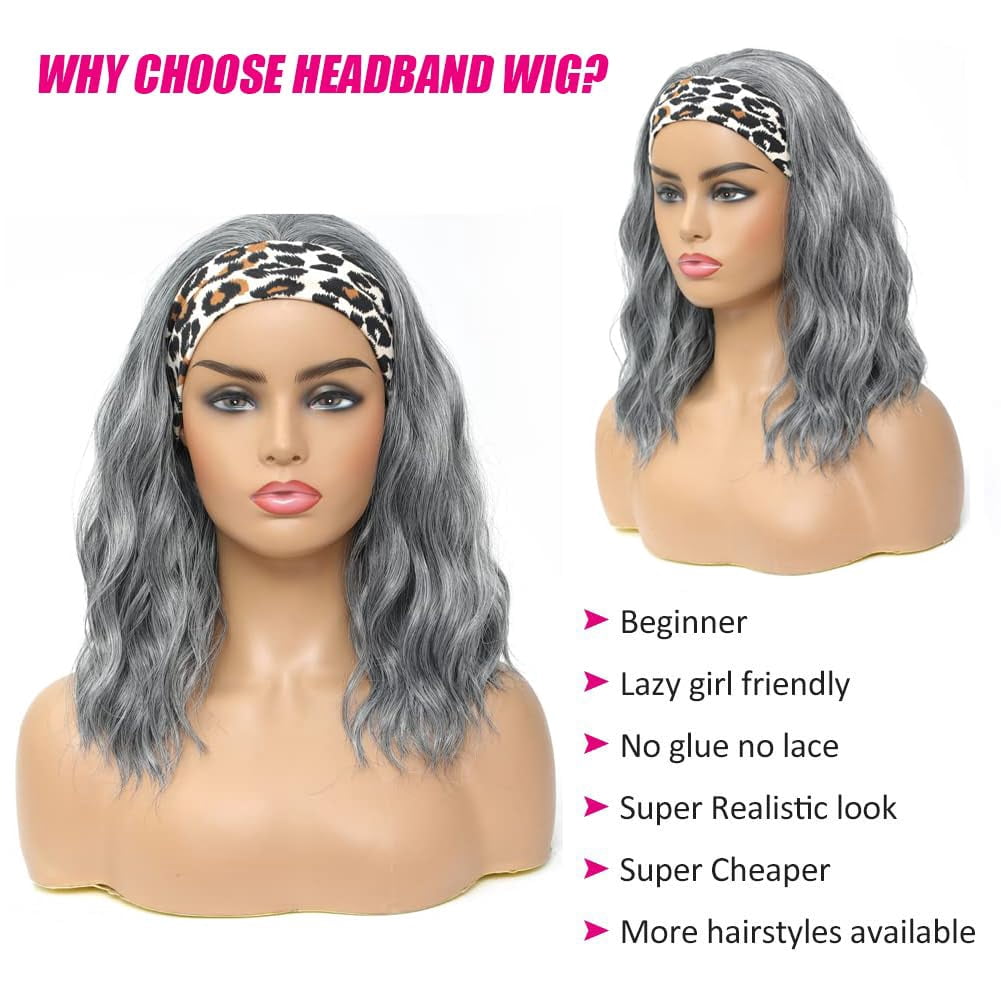 FGERFE-Grey Headband Wig Short Wavy Grey Wigs for Black Women Natural ...