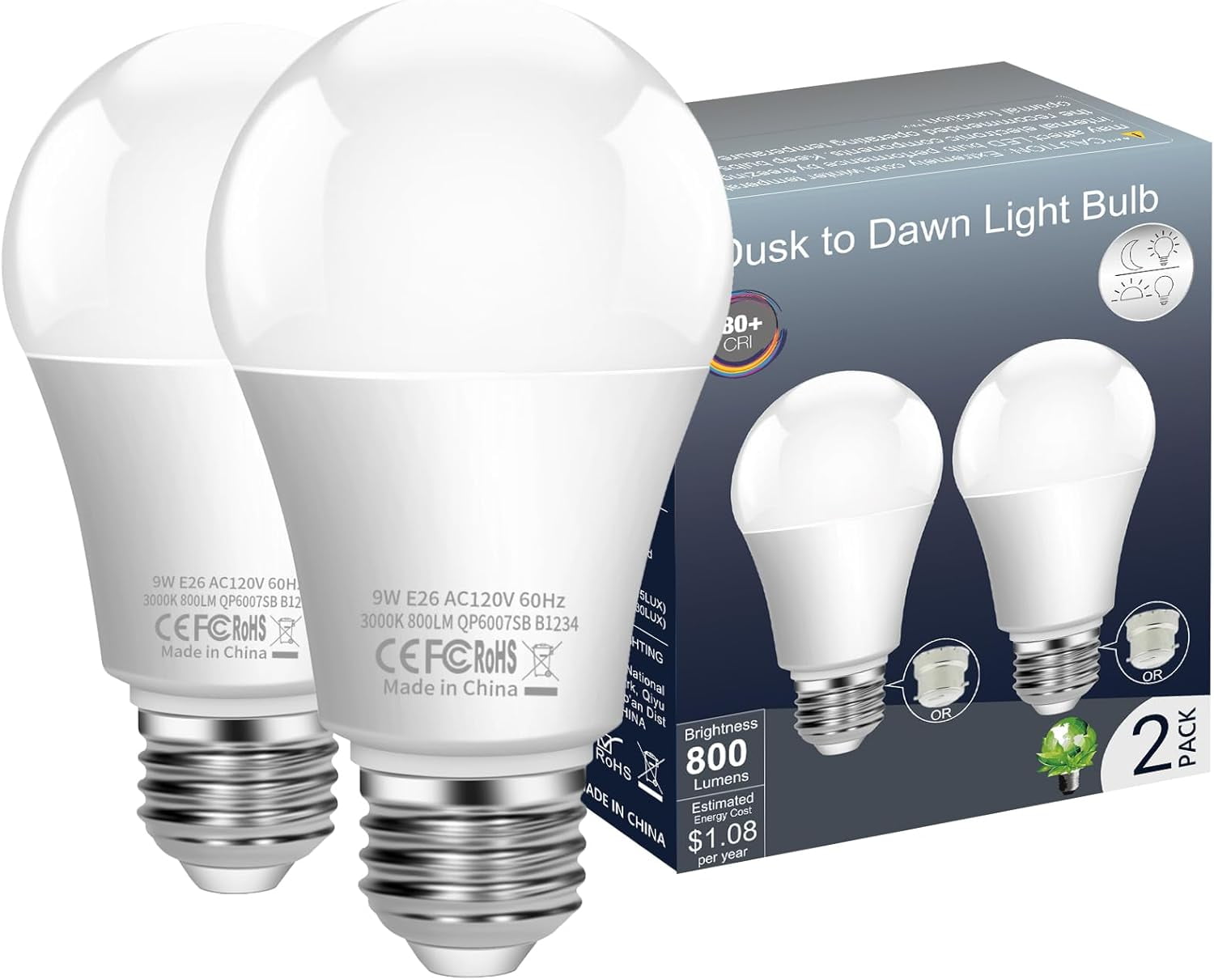 QYUN-Dusk To Dawn Light Bulb,Build In Light Sensor Detector,9W(60W Equivalent),A19 Photocell Sensor Bulb,No Timer Required,3000K Warm White,For Indoor Or Outdoor Use,Boundary,Garage,Patio,2-Pack By