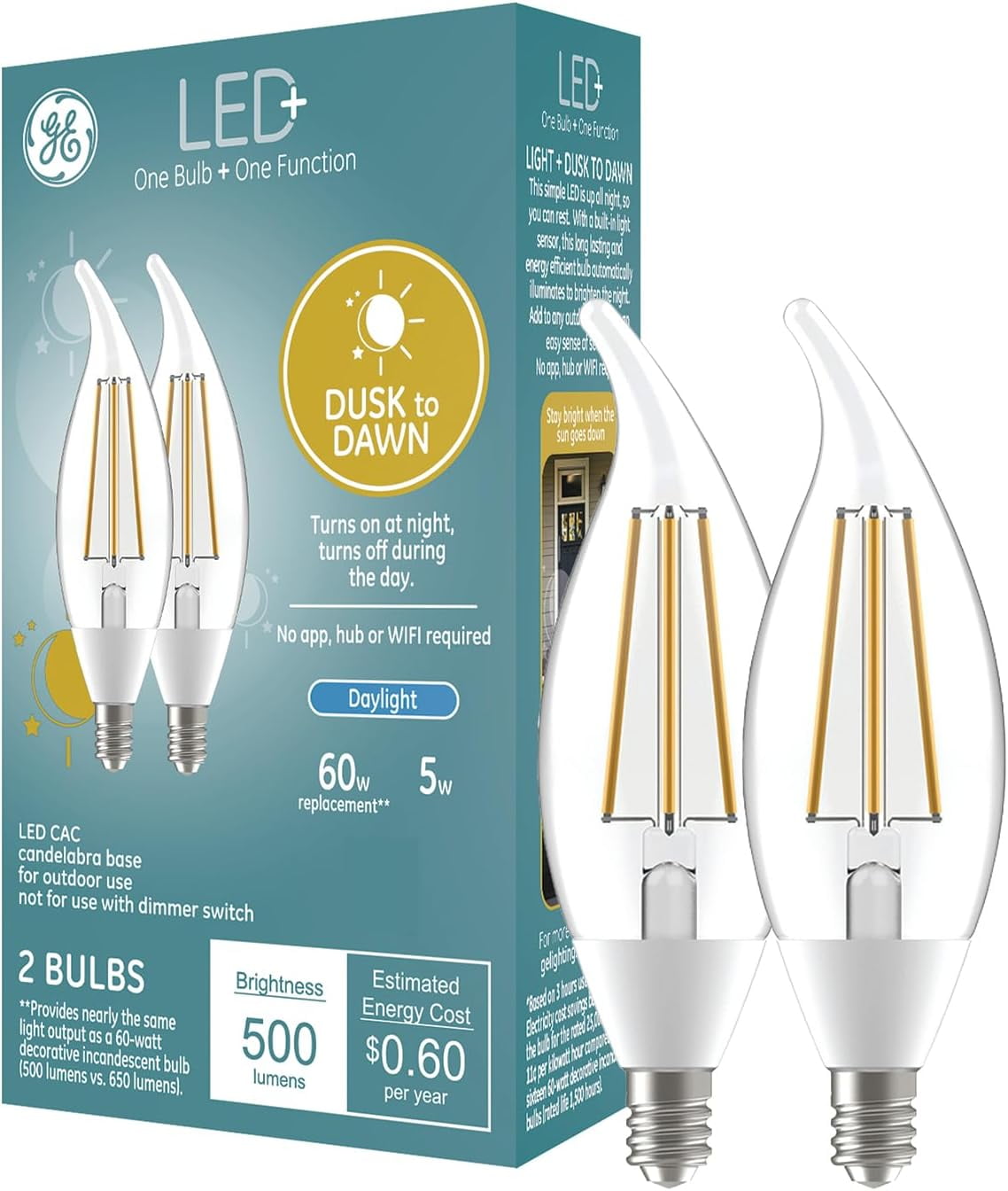 QYUN-Led+ Ca11 Dusk To Dawn Led Light Bulbs, Automatic On/Off Outdoor Security Lights, Daylight, E12 Candelabra Base (2 Pack)