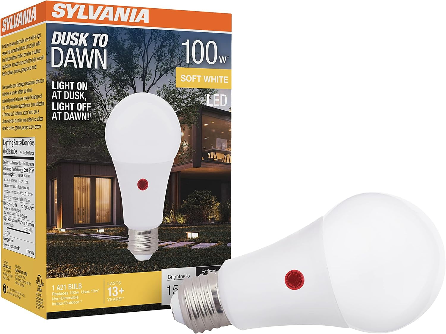 QYUN-Sylvania Dusk To Dawn A21 Led Light Bulb With Auto On/Off Light Sensor, 100W=13W, 1500 Lumens, 2700K, Soft White - 1 Pack (41290)