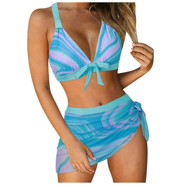 QYZEU 2 Piece Swimsuit for Women Plus Size Swimsuits for Women Women High Waisted Bikini Push Up Two Piece Swimsuits Vintage Swimsuit Ruched Print Lightweight Bikini Light Blue M