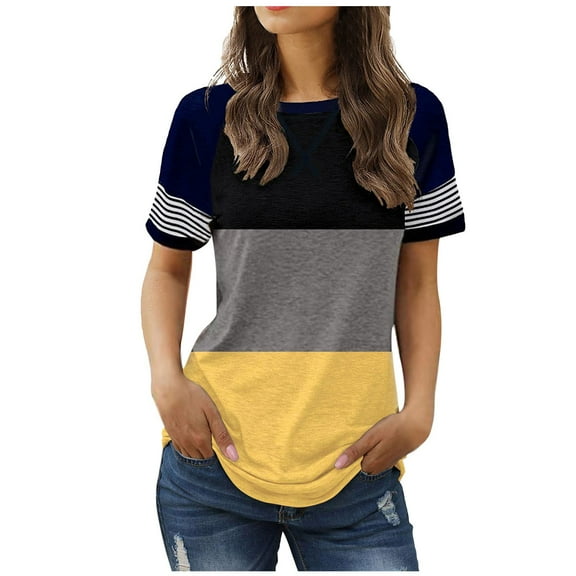 QYZEU Cute Tops for Women Short Sleeve T Shirt Casual Fashion Color Block Round Neck Loose Pullover T Shirt Comfy Soft Breathable Lightweight Tops Yellow XL