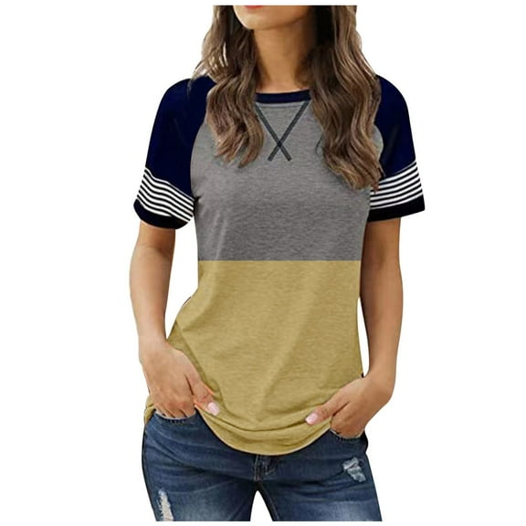 QYZEU Cute Tops for Women Summer Round Neck Short Sleeve T Shirt Casual Fashion Color Block Loose Fit Pullover T Shirt Comfy Soft Breathable Lightweight Tops Gold S