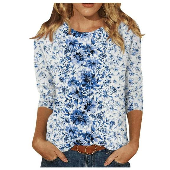 QYZEU Cute Tops for Women Trendy Printed Shirt 3/4 Sleeve Tunic Tops Crewneck Blouse Tshirt Loose Fit Tops Soft Breathable Comfortable Lightweight Tops Blue S