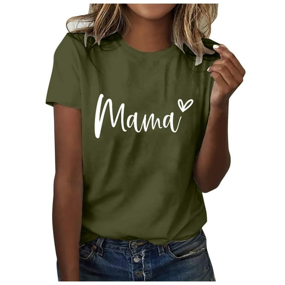 QYZEU Cute Tops for Women Trendy Workout Tops for Women Loose Fit Women Casual Round Neck Short Sleeve Letter Print T Shirt Top Women Comfy Long Tops Amy Green M