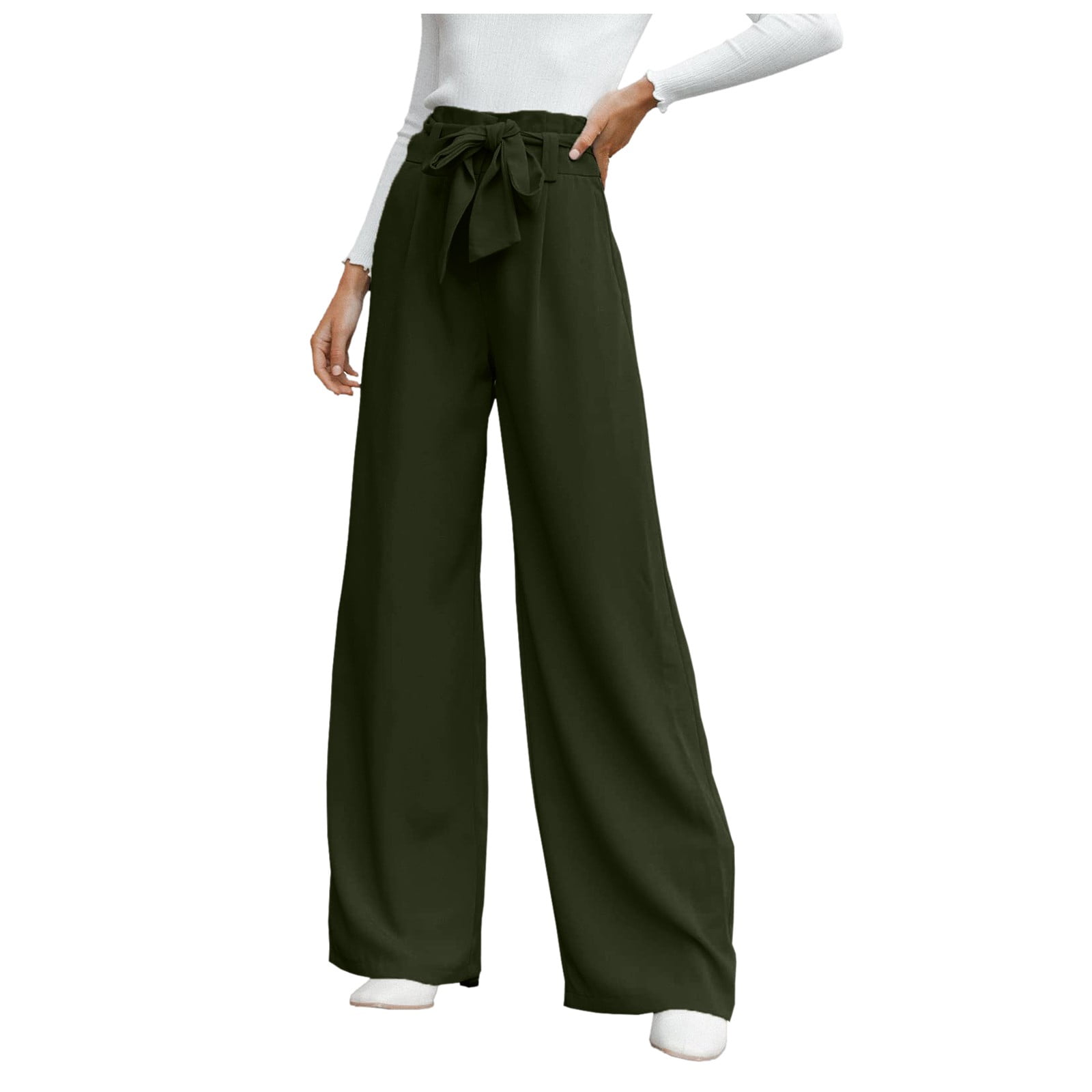 Womens Cropped Wide Leg Pants High Waisted Stretch Ankle