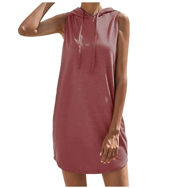 QYZEU Dress for Women Sexy Casual Solid Color Midi Dresses Drawstring Sleeveless Hooded Loose Dress Flowy Lightweight Breathable Comfortable Dresses Red XL