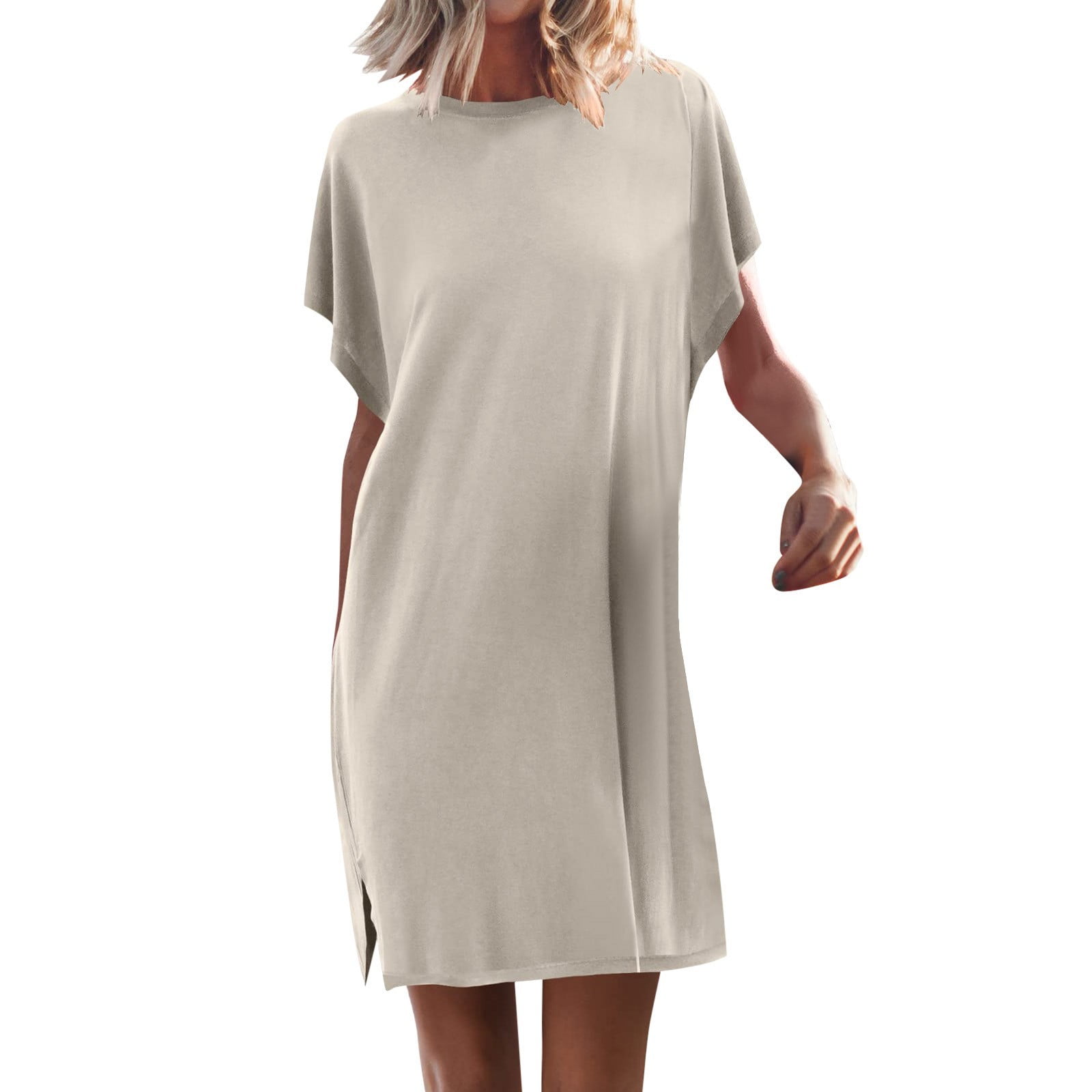QYZEU Dress Women Summer Dresses Womens Solid Color Round Neck Short ...