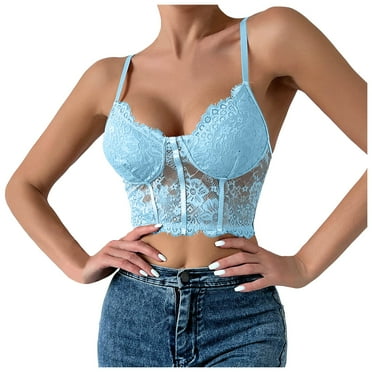 QYZEU Dressy Tank Tops for Women 2024 Solid Color Lace Sleeveless Stylish Cropped Top Tight Fit Thin Strap V Neck Vest Breathable Comfortable Lightweight Tops Light Blue S