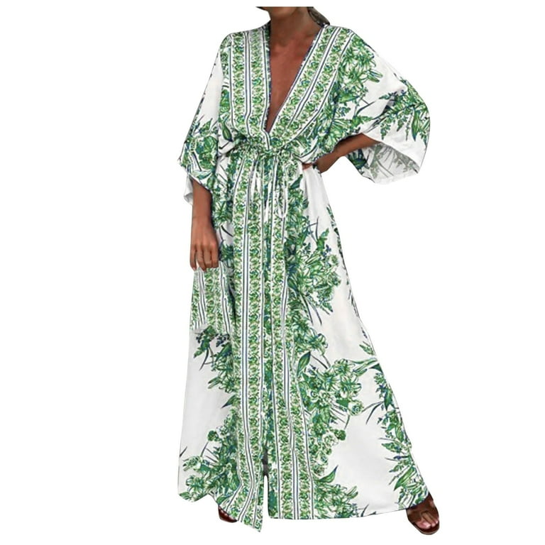Sexy Deep V Neck Beach Casual Half Sleeve Boho Printed Women Long Maxi Dresses Sexy Deep V Neck Beach Casual Half Sleeve Boho Printed Women Long Maxi Dresses