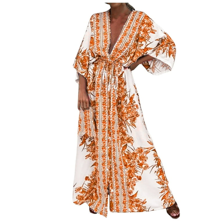Sexy Deep V Neck Beach Casual Half Sleeve Boho Printed Women Long Maxi Dresses Sexy Deep V Neck Beach Casual Half Sleeve Boho Printed Women Long Maxi Dresses