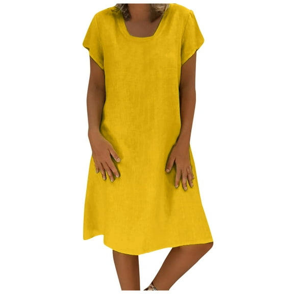 QYZEU Drop Waist Dress Women Short Sleeve Tunic Dress for Women Women Summer Solid Color Casual Plus Size Midi Dress Ladies Dress Summer Loose Dresses Yellow 2XL