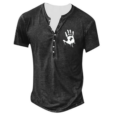 QYZEU Men Tops Fashion Retro Basic Button V Neck Print Short Sleeve Tops Casual Loose Fit Shirt Soft Comfortable Breathable Lightweight Tops Dark Gray L