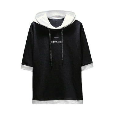 QYZEU Mens Tee Letter Print Compression Shirts Simple Hooded Pullover Fashion 3/4 Sleeves Breathable Comfortable Lightweight Tops Black 2XL