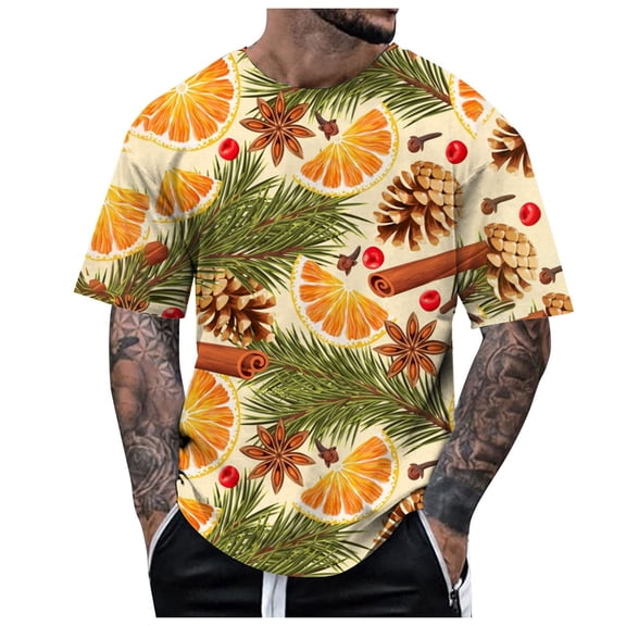 QYZEU Mens True Classic Tee Shirts Short Sleeved Round Neck Tropical Style Print T Shirt Loose Casual T Shirts Soft Comfortable Breathable Lightweight Tops Orange 2XL