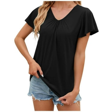 QYZEU Oversized Tshirts for Women Solid Color V Neck Pleated Flowy Short Sleeve T Shirt Casual Loose Fit Top Blouse Lightweight Breathable Comfortable Tops Black 2XL