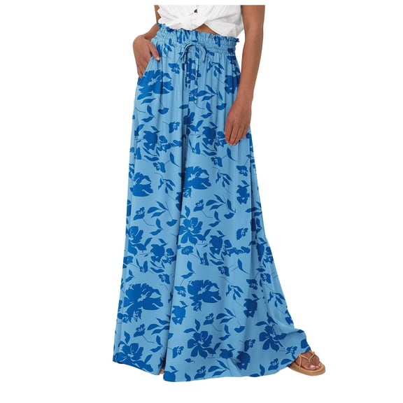 QYZEU Palazzo Pants for Women Dressy Plus Casual High Waist Wide Leg Pants Flower Pattern Loose Fit Long Pants Baggy Beach Belt Pocket Lightweight Breathable Pants Blue XL