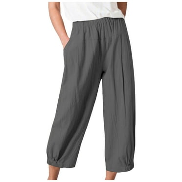 QYZEU Pants for Women Trendy Casual Elastic Waist Pants Petite Solid Color Pocket Cotton Linen Pants Loose Fit Ankle Length Trousers Comfy Work Clothes Grey L