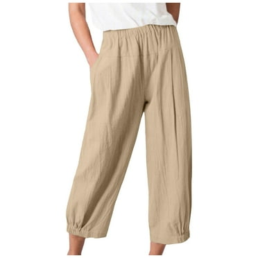 QYZEU Pants for Women Trendy Casual Elastic Waist Pants Petite Solid Color Pocket Cotton Linen Pants Loose Fit Ankle Length Trousers Comfy Work Clothes Khaki L