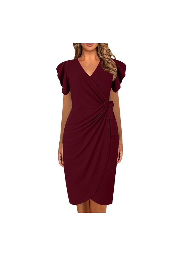 Petite Dresses for Women Petite Length Casual Temperament Slim Fit Waist Cinching Pleated Solid Maxi Dresses V Neck Short Sleeve Lightweight Breathable Dresses L