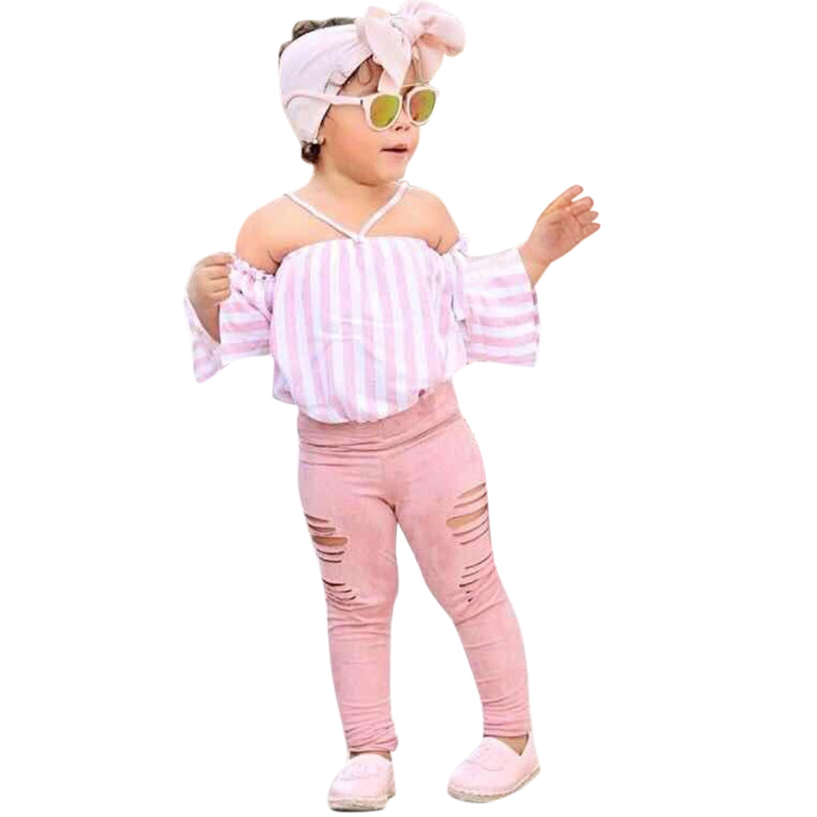 QYZEU Preppy Clothes for Girls 10-12 Girl Outfits Size 6X Toddler Kids  Girls Off Shoulder Striped T Shirt Tops Hole Long Pants Leggings Headwear  3Pcs